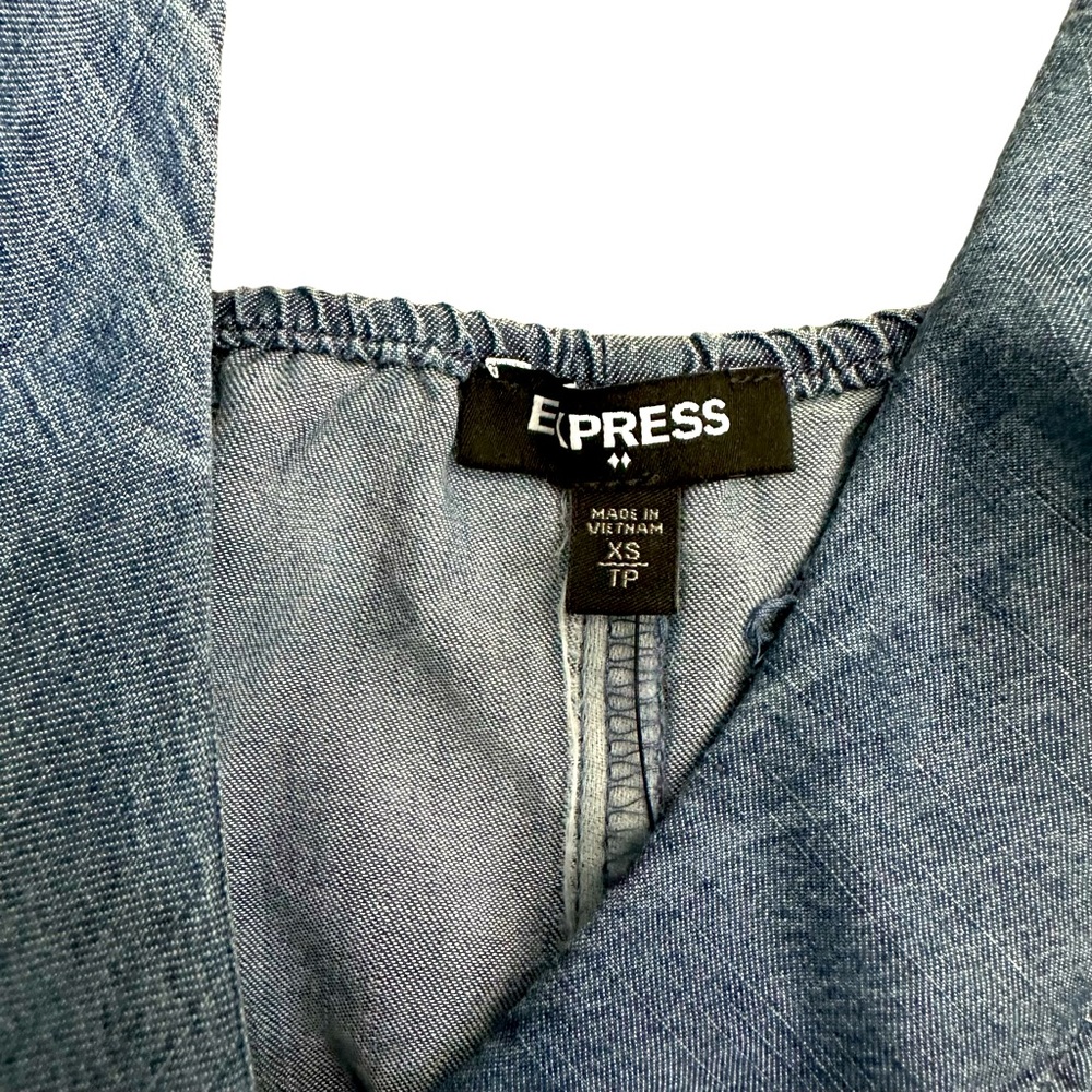 Express Chambray Ruffle Front Mini Dress - Picture 3 of 8